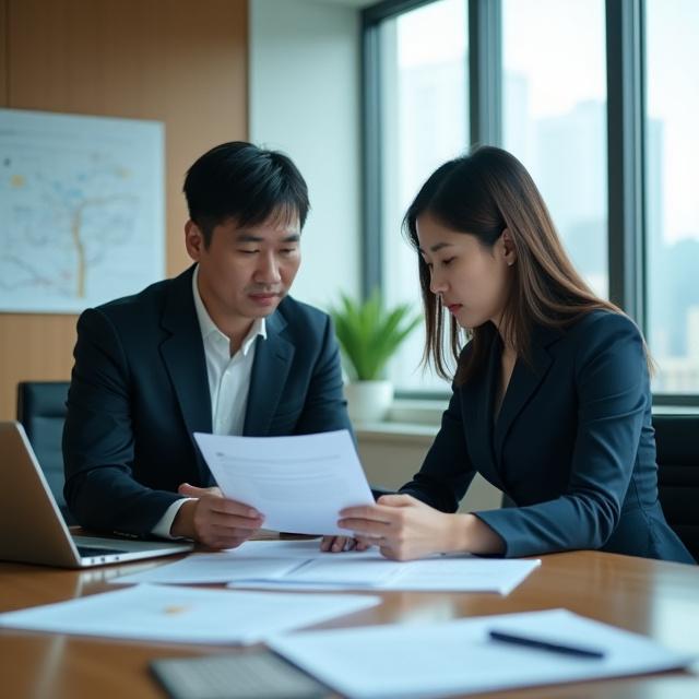 Attorneys discussing case files in a modern Seoul office